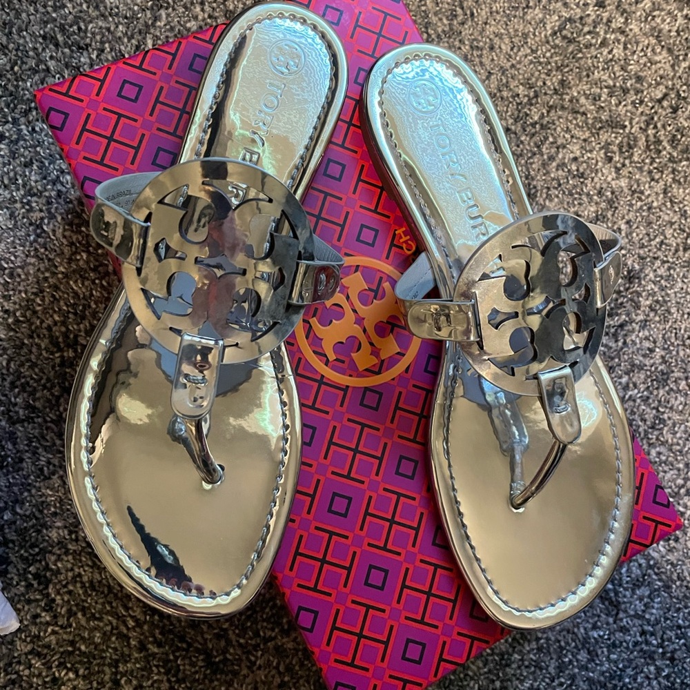 Tory Burch Silver Sandals with Medallion Logo